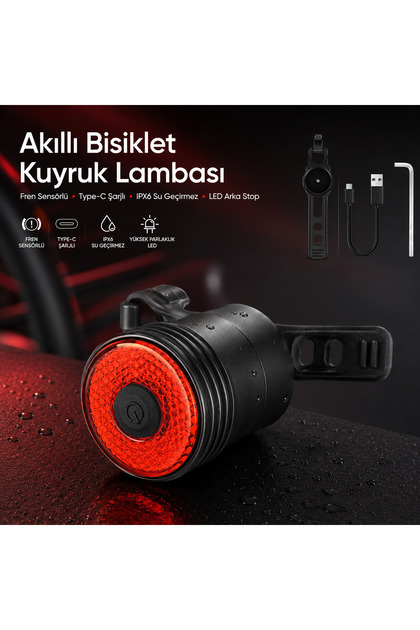Akıllı Bisiklet Arka Stop Lambası Fren Sensörlü Type-C Şarjlı IPX6 Su Geçirmez 5 Modlu LED Kuyruk Işığı