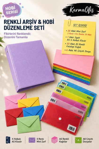 Lilac Color A5 4-Ring Binder Set with 8 Color Options – 50 A5 Colored Papers, 50 Mini Envelopes, and 6 A6 Snap File Folders |