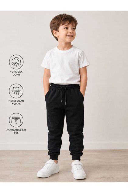 Boys' Cotton 2-Strand Black School Sweatpants Without Pockets