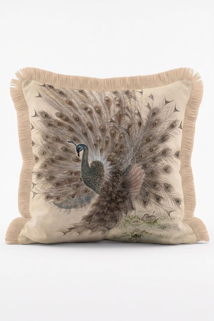 Vintage Peacock Patterned Beige Bohemian Decorative Fringed Throw Pillow Cover
