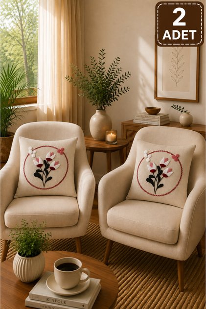 2 Piece Punch Cushion Cover 43X43 cm – Decorative Embroidered Cushion Set