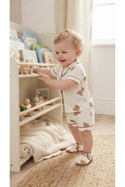 Dlş 6069 Boy's 100% Cotton White Teddy Bear Buttoned Shorts Pajama Set
