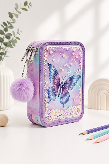 Penar Școlar Complet cu Fluture și Pompon, 3 Compartimente, Echipat cu Creioane Colorate, Carioci și Accesorii, Multicolor