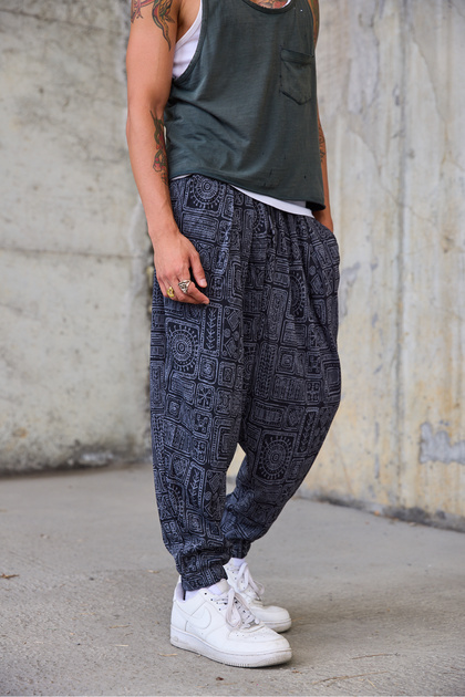 Men's Pleated Elastic Cuffed Patterned Shalwar Trousers