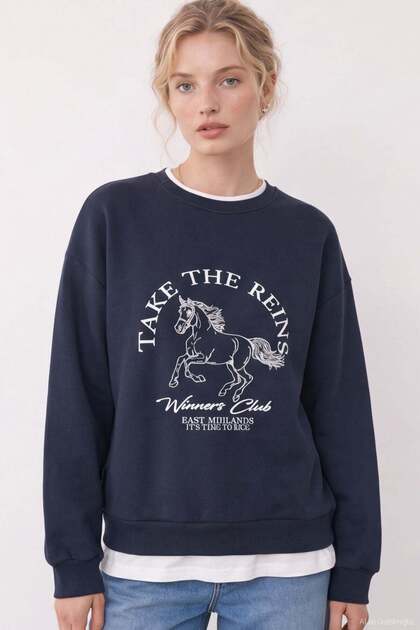 Printed Embroidery Detailed Sweatshirt Navy Blue