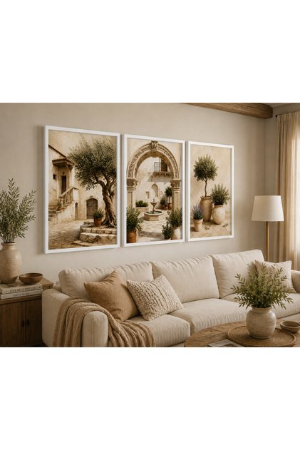 Olive Tree and Mediterranean Themed 3-Piece Decorative Wall Painting Set with Frame