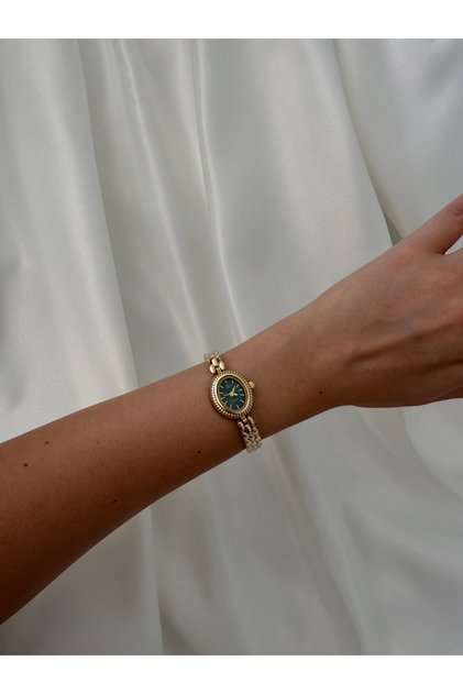 Kadın Gold Oval Kadranlı Vintage Bileklik Tasarım Çelik Kordon Analog Quartz Kol Saati - Bordo – Krem – Yeşil
