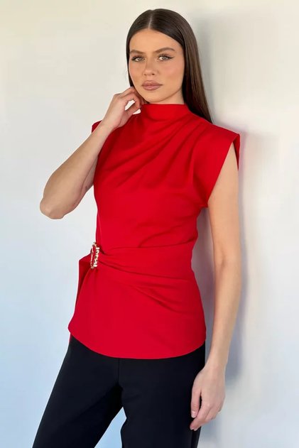 Women's Stand Collar Blouse with Draped Waist and Shoulder Belt Detail