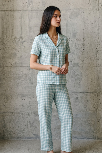 V-Neck Buttoned Casual Aqua Green Pajama Set