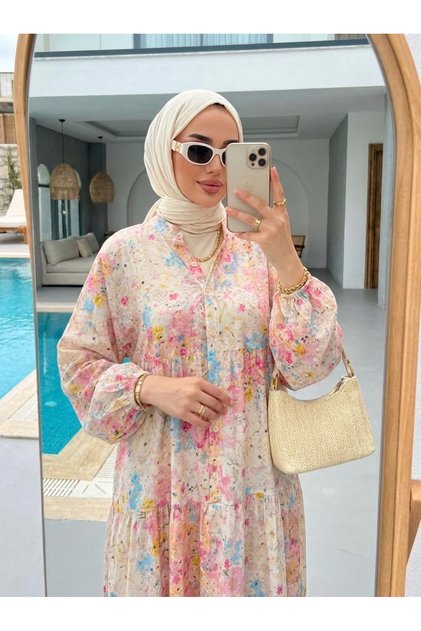 Women's Modal Fabric Line Patterned Layered Hijab Dress (Unlined)