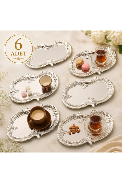 6-Piece Silver Color Coffee Side Serving Tray Tea Coffee Treats Decorative Serving Tray