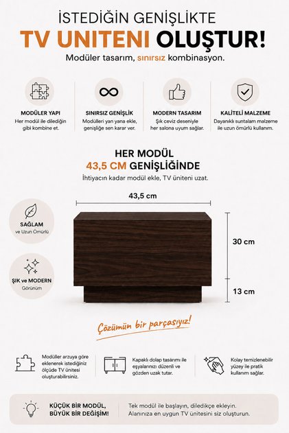 Alpiz Genişletilebilir Modüler Tv Ünitesi Koyu Ceviz Modern Kapaklı Uçan Tv Sehpası Modül 43,5cm