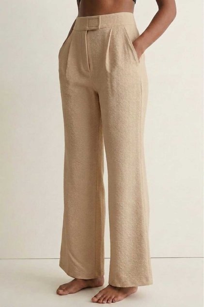 Stone Color Women's High Waist Stretchy Textured Crepe Fabric Wide Leg Palazzo Trousers - Velcro Closure Detail
