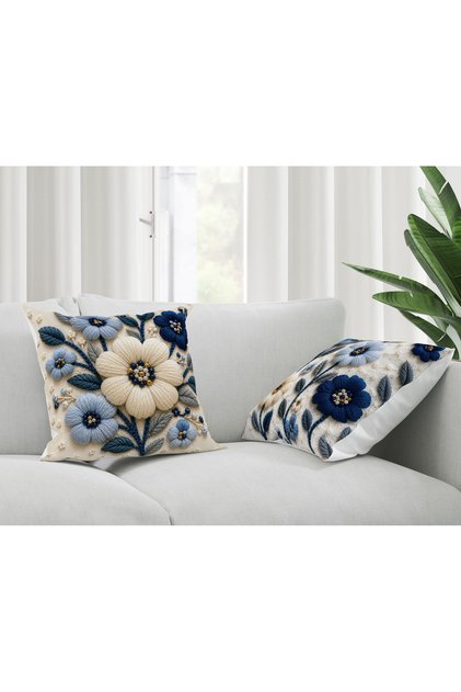 Digital Printed Punch Embroidery Look Blue Cream Floral Decorative 2-Piece Throw Pillow Cover