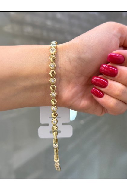 14K RENGİ GEOMETRİK DESENLİ ÇELİK BİLEKLİK 17+2CM