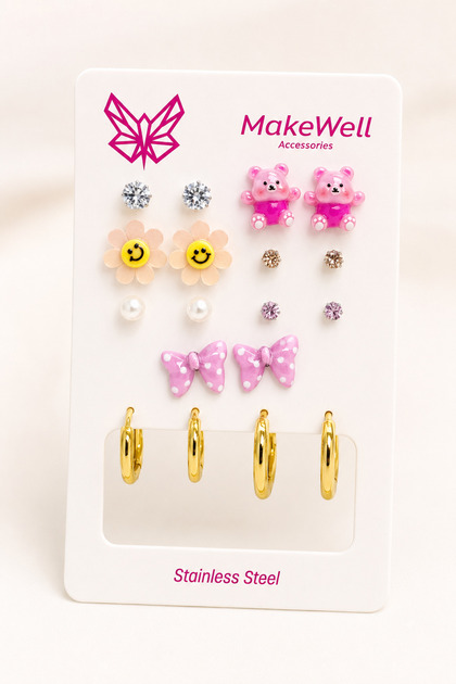 9 Pairs Women's Earring Set - 7 Pairs Pierced Pink Teddy Bear Bow Flower Pearl and Rhinestone Earrings + 2 Pairs Stainless Steel Gold Hoop Earrings