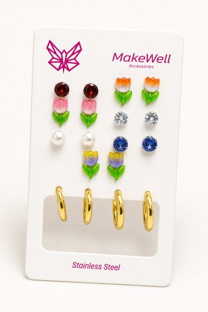 9 Pairs Women's Earrings Set – 7 Pairs Colorful Tulip Pearl and Rhinestone Earrings with 2 Pairs Stainless Steel Gold Hoop Earrings