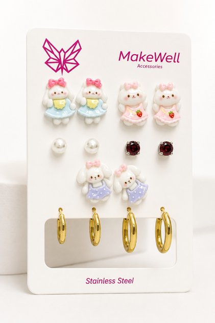 7 Pairs Women's Earring Set – 5 Pairs Pierced Cute Rabbit Figured Pearl and Rhinestone Earrings + 2 Pairs Stainless Steel Gold Hoop Earrings