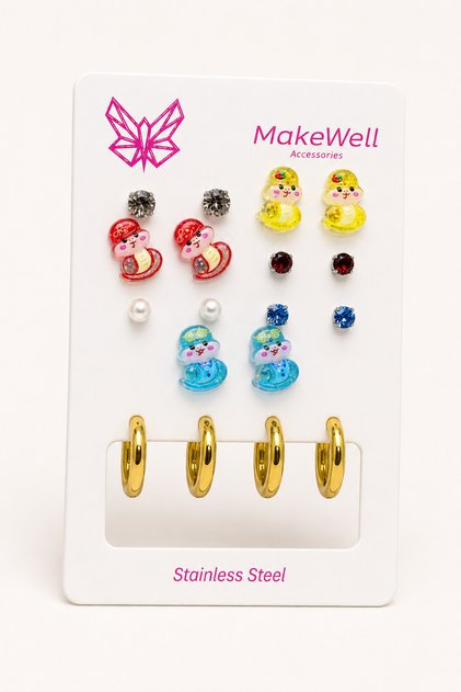 9 Pairs of Women's Earrings Set – 7 Pairs of Colorful Duck Figurine Pearl and Rhinestone Earrings + 2 Pairs of Stainless Steel Gold Hoop Earrings
