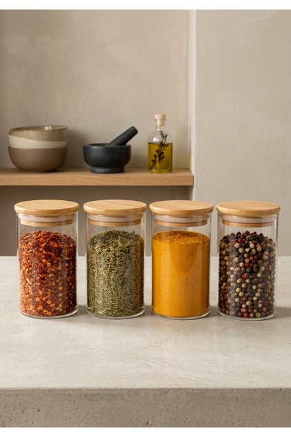 Set of 4 250 ml Borosilicate Glass Spice Jars with Bamboo Lids – Premium Design, Stylish Appearance, and Practical Kitchen Organization