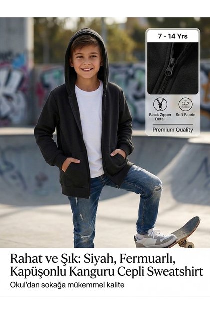 Unisex Girls Boys Basic 3 Thread Non-Threaded Zippered Kangaroo Pocket Hooded Cotton Sweatshirt Cardigan