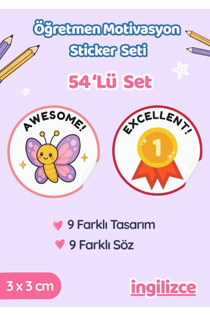 54’lü İngilizce Öğretmen Motivasyon ve Ödev Sticker Seti / Etiket