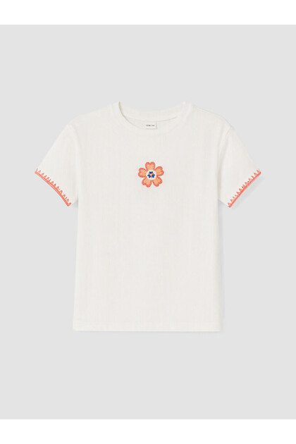 Vizyon New Season White Floral Embroidered Girls' T-Shirt