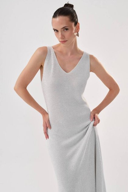 Women's Full Stone-Filled Knitwear Long Dress with Knitted Straps on the Front