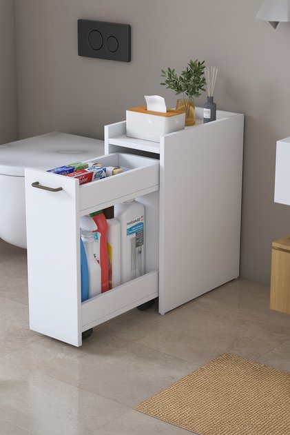 Rani KC108 Banyo Dolabı Tekerlekli Raflı Çekmeceli Çok Amaçlı Dolap Beyaz