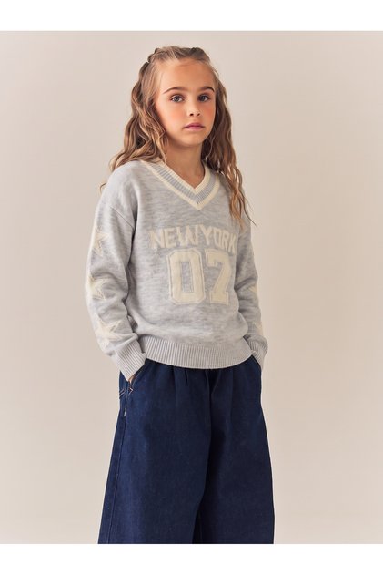 Girl's V-Neck Knit Sweater Baby Blue