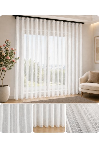 Çizgi Detaylı Simli Tül Perde 1'e 3 Boru Pile 250 x 260 (Ölçü Seçenekli)