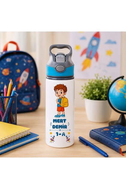 Öğrencilere Özel İsimli Pipetli Su Matarası & Çocuk Suluğu - 650 ml