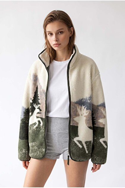 4981 Women's Deer and Forest Patterned Soft Textured Fleece Sweatshirt with Pockets