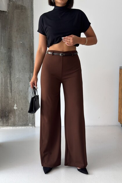 Crep Women's Scuba Crepe High Waist Wide Leg Palazzo Trousers Brown