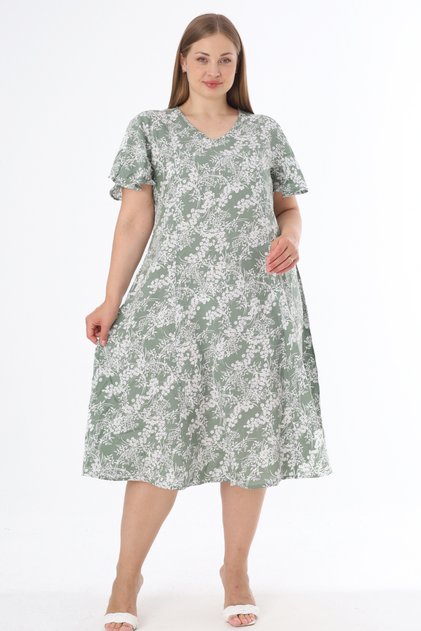 Women's Plus Size Patterned Short Sleeve V-Neck Flared Viscose Dress