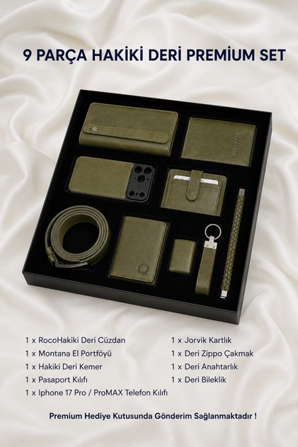 iPhone 17 Pro Compatible 9 Piece Genuine Leather Men's Gift Set Green Wallet Case Belt