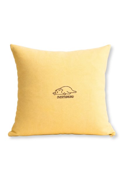 Overthinking Embroidered Yellow Linen Cushion Cover - Cat Embroidered Linen Cover