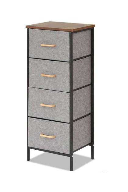4-Tier Fabric Storage Dresser Tower with Wood Top and Pull Drawers, Grey