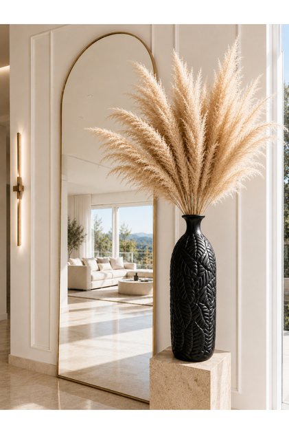 Vazo Ev Dekorasyon Yer Vazosu Pampas, Yapay, Kuru Çiçek Vazosu Yaprak Desen Siyah Seramik Uzun 47 Cm FRİG