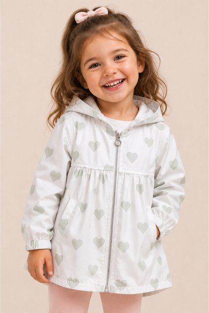 Girl's Heart Patterned Hooded Cotton Lined Raincoat Waterproof Zippered Seasonal Thin Coat Jacket