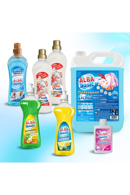 PACK XXL Family Pack/ Detergent lichid rufe 5L + 2 x Detergent vase 1L Măr si Lămâie + Soluție scos pete 200ml + 2 x Balsam rufe 1L Donna Bianca + 1 x Detergent pardoseală 1L