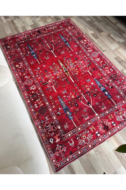 Kırmızı Etnik Desenli Salon Halısı – Vintage Kilim Görünümlü Ağaç ve Kuş Motifli Dekoratif Kilim