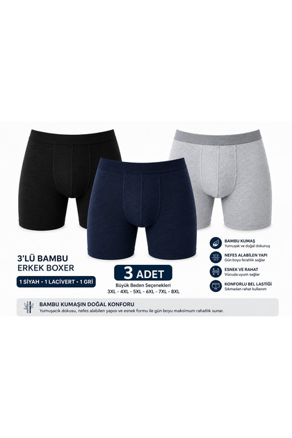 3 Pieces Bamboo Special Edition Boxers, 11 Sizes from S-8Xl, 3 Colors