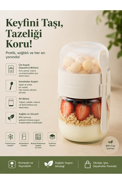 Kaşıklı Çatallı Taşınabilir Yoğurt Kabı Çift Bölmeli Granola Kuruyemiş Saklama Lunch Box Kabı 425+200ml