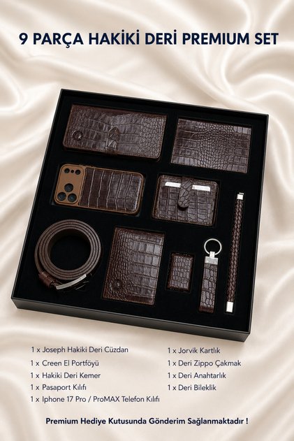 9-Piece Premium Men's Gift Set Compatible with iPhone 17 Pro Max Genuine Leather Wallet Case Belt