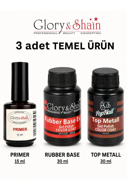 Primer 15 ml, Rubber Base Coat 30 ml ve Top Coat 30 ml Dayanıklı sonuç 3'lü Temel Set Protez Tırnak