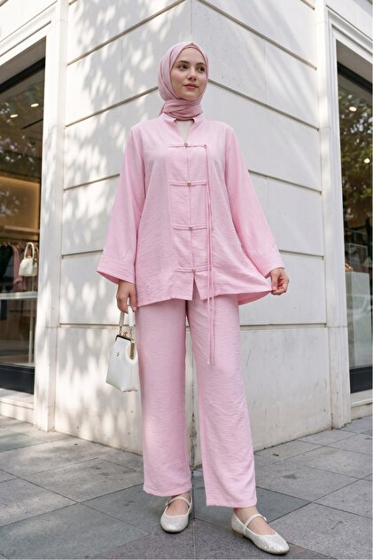 Casual Stone Detailed Buttoned Ayrobin Top and Bottom Set Pink - Pink