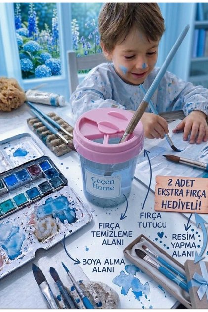 Kapaklı Sulu Boya Su Kabı ve Fırça Temizleyici - 2 Adet Fırça Hediyeli Dökülmez Temizleme Haznesi (