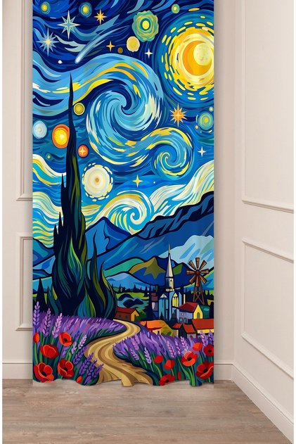 Van Gogh Starry Night Impressionist Touches Artistic and Classic Inspired Specially Designed Digital Printed Background Curtain