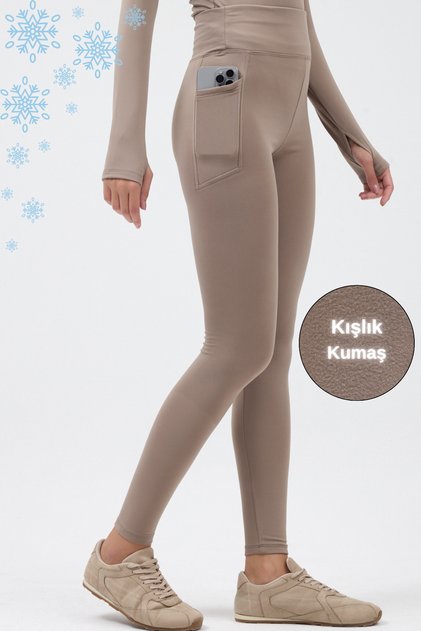 Kadın Kışlık İçi Polarlı Yüksek Bel Toparlayıcı Cepli Tayt